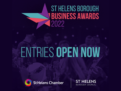 St Helens Business Awards 2022 logo, with the text 'Entries open now'