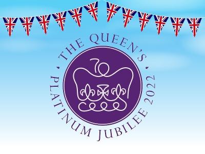 A circular logo featuring a crown for The Queen's Platinum Jubilee, on a blue sky background with Union Flag bunting