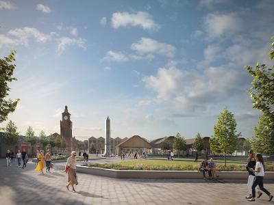 A CGI image shows how Earlestown Market Square could look with a canopy, new public spaces and shops