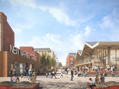 A CGI shows a new wide street opening up the town centre from the bus interchange to the parish church with a new market hall