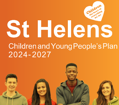 Front page of the St Helens Children's Plan with a picture of four young people